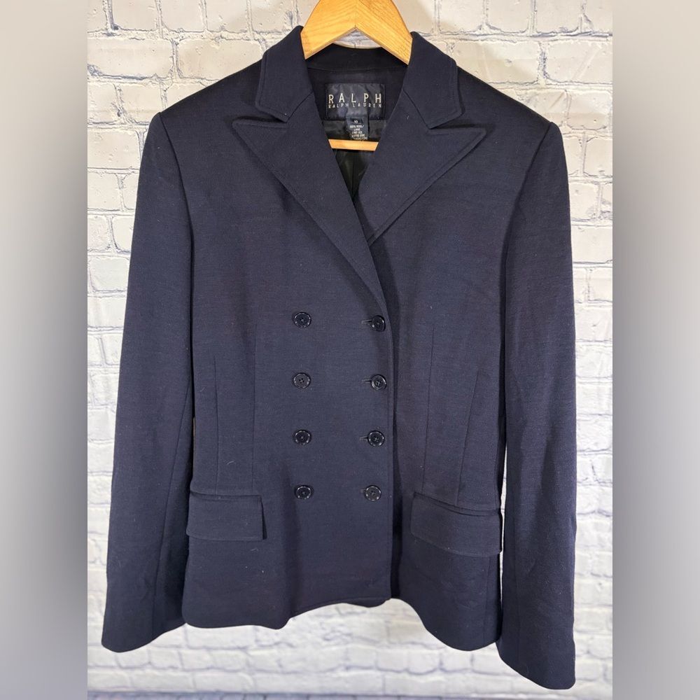 VINTAGE Ralph Lauren Navy Wool Knit Classic Nautical Double Breasted Blazer 10